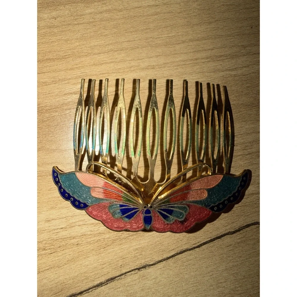 Vintage Cloisonné Hair Comb Gold Tone Blue Pink Enamel Butterfly